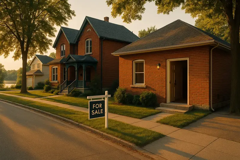 A quiet Brantford street with a single for-sale sign — no lineups, no bidding wars