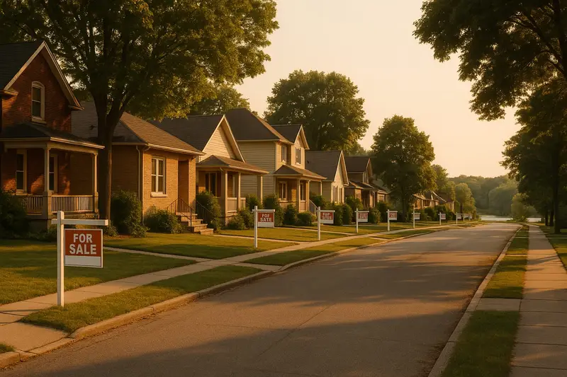 A row of for-sale signs on a Brantford street in mid-summer