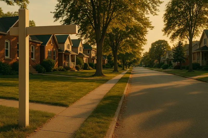 A quiet residential street in Brantford in late summer, with a for-sale sign in the foreground